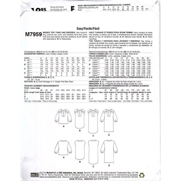 McCall's M7959 Misses 6 to 14 Top, Tunic and Dress Uncut Sewing Pattern - Picture 2 of 2